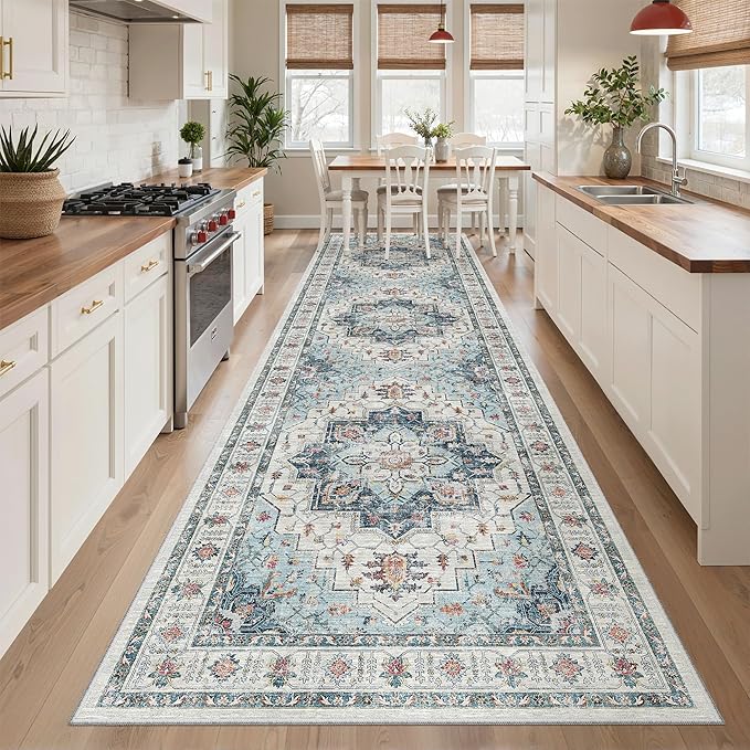 Madane Hallway Rug 3x10, Kitchen Rugs Washable Entryway Rug Vintage Kitchen Runners Non Slip Indoor Area Rug Farmhouse Carpet Runner for Bathroom Living Room Bedroom, Blue