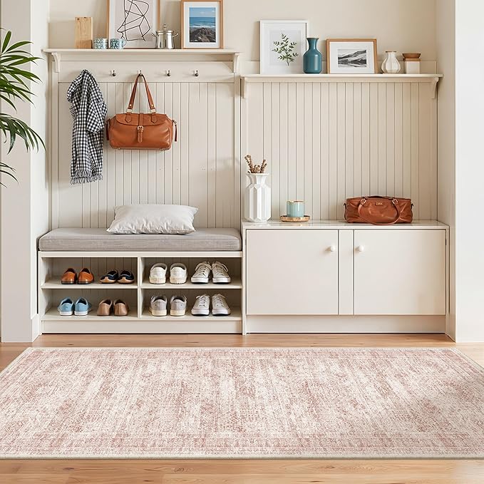 Washable Runner Rugs for Bedroom - 2x6 Runner Rug Non Slip, Ultra-Thin Entryway Runner, Soft Abstract Kitchen Runner for Hallway, Laundry, Bathroom, Indoor Door Mat(2'x6', Pink/Ivory)