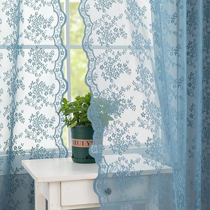 YJ YANJUN Vintage Lace Curtains 63 Inch Length-Victorian Floral Pattern Stone Blue Sheer Curtains for Boys Bedroom Privacy Summer Beach Themed Ocean Coastal Room Decor 2 Panles W52 X L63 Dusty Blue