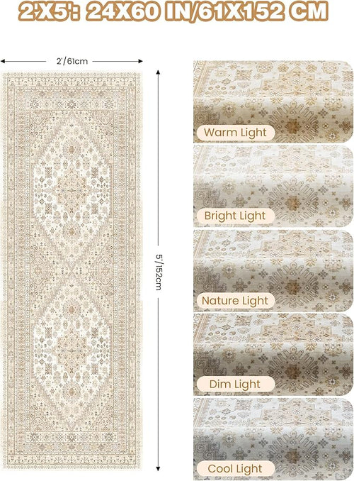 2x5 Rug Runner Washable for Entryway, Soft Bathroom Rugs with Non-Slip Backing,Vintage Low Pile Stair Runner, Small Kitchen Carpet for Hallways, Laundry Room(Cream/Beige,2'x5')