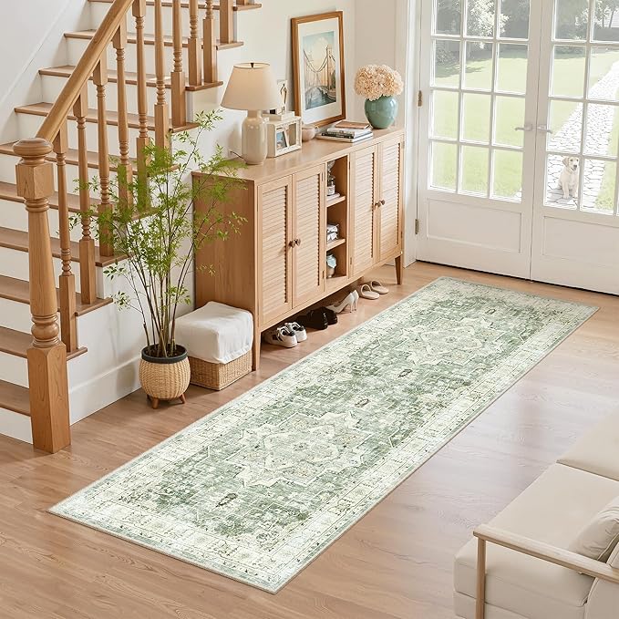 Madane Washable Runner Rug - 2x6 Rug Runners for Hallways 6 Foot Non Slip Vintage Kitchen Runner Rug Ultra-Thin Bathroom Runner Rugs Carpet Laundry Room Bedroom (2x6ft, Green/Ivory)