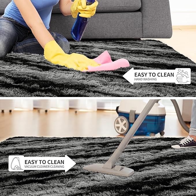Tepook Area Rugs 9x12 for Living Room, Super Soft Fluffy Rugs for Bedroom, Modern Shaggy Rug Fuzzy Carpets for Kids, Plush Indoor Nursery Home Decor Rug with Non-Slip Bottom, Black Grey