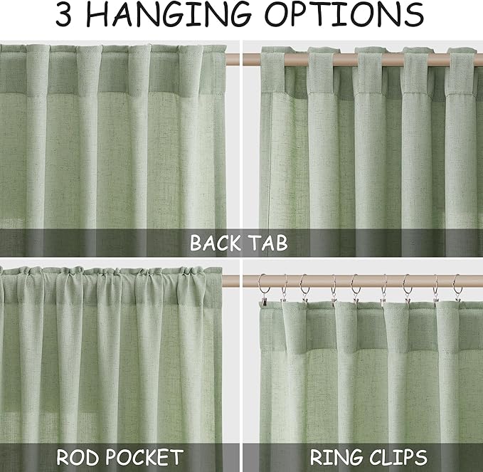 Extra Long Mist Sage Linen Curtains 120 Inch for Living Room 2 Panels Set Rod Pocket Back Tab Light Filtering Semi Sheer Linen Window Drapes Privacy High Ceiling Drapes for Farmhouse 52x120