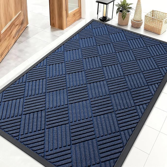 OLANLY Front Door Mat Outside Entrance 47x32, Absorbent, Heavy Duty Sturdy Natural Rubber Doormat Indoor Outdoor, Stain Fade Resistant, Non-Slip Low Profile Floor Mat for Entryway, Navy Blue Diamond