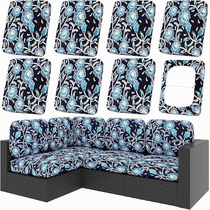 hyha 8Pcs Patio Cushion Covers, Stretch Outdoor Couch Cushion Covers Replacement, Washable Outdoor Chair/Sofa Slipcovers for Patio Furniture Cushions Protector with Elastic Bottom(Bluebell,Cover Only)