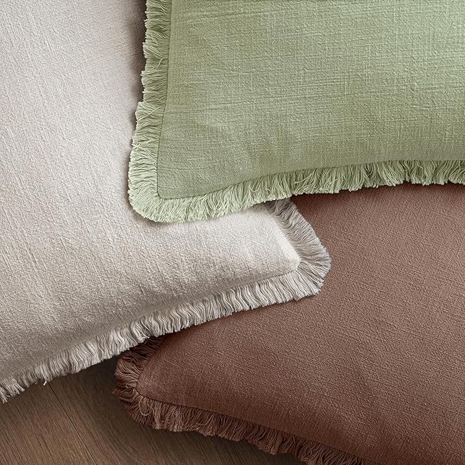 MIULEE Decorative Throw Pillow Covers Neutral Linen Fringe Throw Pillows Euro Shams Set of 2 Dark Coffee Boho Farmhouse Cushion Covers for Couch Sofa Bed Living Room Spring Home Decor 22x22 Inch