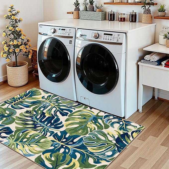 3x5 Botanical Entry Rug - Small Washable Indoor Outdoor Mats for Front Door Non-Slip Porch Rug Spring Tropical Green Leaf Throw Rugs for Living Room Bedroom Entryway Kitchen Office Porch Decor
