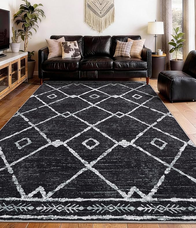 YIHOUSE Moroccan Rugs for Living Room, 6x9 Black and White Aztec Area Rug, Western Geometric Soft Low-Pile Washable Rugs for Bedroom, Dining Room