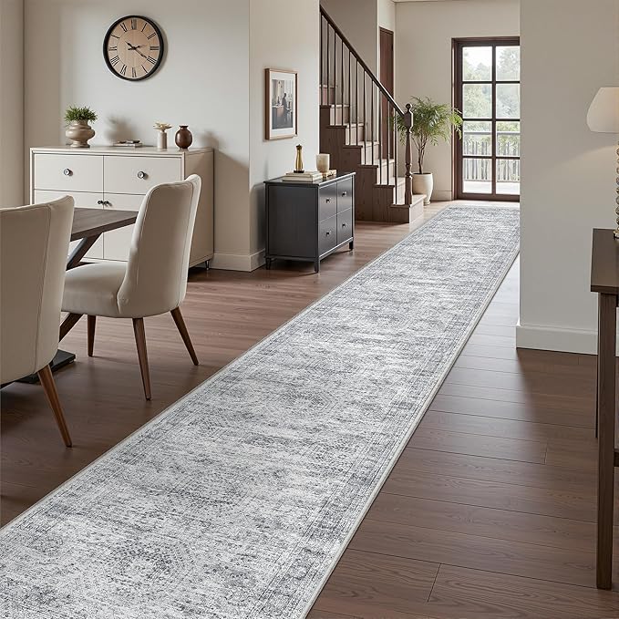 Washable Runner Rug 2.5x14, Non-Slip Long Hallway Runner for Entryway, Soft Vintage Kitchen Mats for Floor, Abstract Dining Room, Bedroom, Living Room Rugs(2.5'x14', Grey/Ivory)