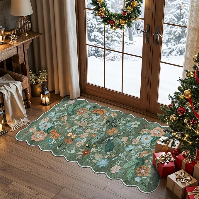 Washable Floral 2x4 Area Rug: Indoor Soft Scalloped Carpet for Entryway Kitchen Non-Slip Water Resistant Bathroom Laundry Floor Mat Low Pile Durable Nursery Door Mat Cute Home Decor(2x4 Floral/Green)
