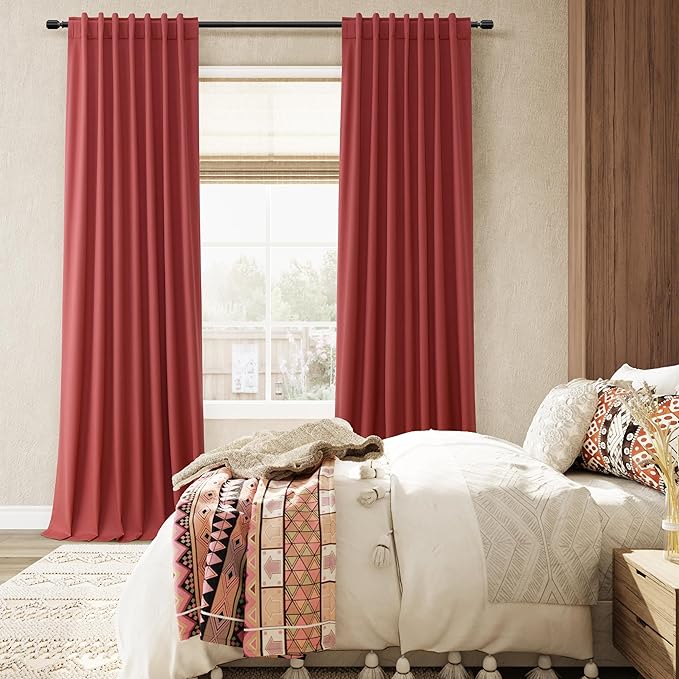 Guken Red 100% Blackout Linen Curtains 72 Inch Length 2 Panels Set for Living Room Bedroom Back Tab/Rod Pocket Thermal Insulated Black Out Drapes Room Darkening Window Curtains 72 Inches Long
