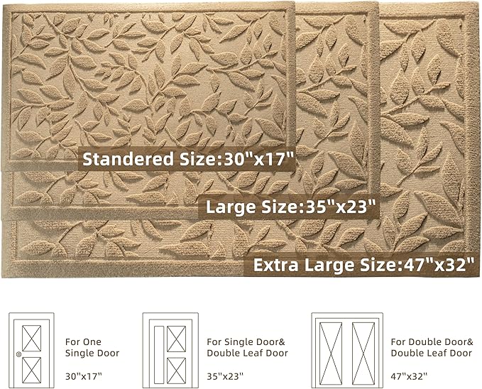 Beige Leaves Outdoor Indoor Entrance Door mat, Absorbent Durable Heavy Duty Welcome Front Door Mat,Thick Natural Rubber Back,Easy Clean Entryway Mat 47x32 Inch, Low Profile