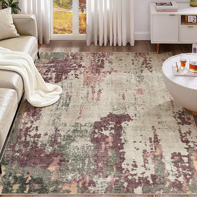 UERMEI 5x7 Area Rug Living Room Rugs - Washable Neutral Modern Abstract Soft Thin Rug Indoor Floor No Slip Rug Carpet for Bedroom Under Dining Table Home Office Decor - Purple/Green/Beige