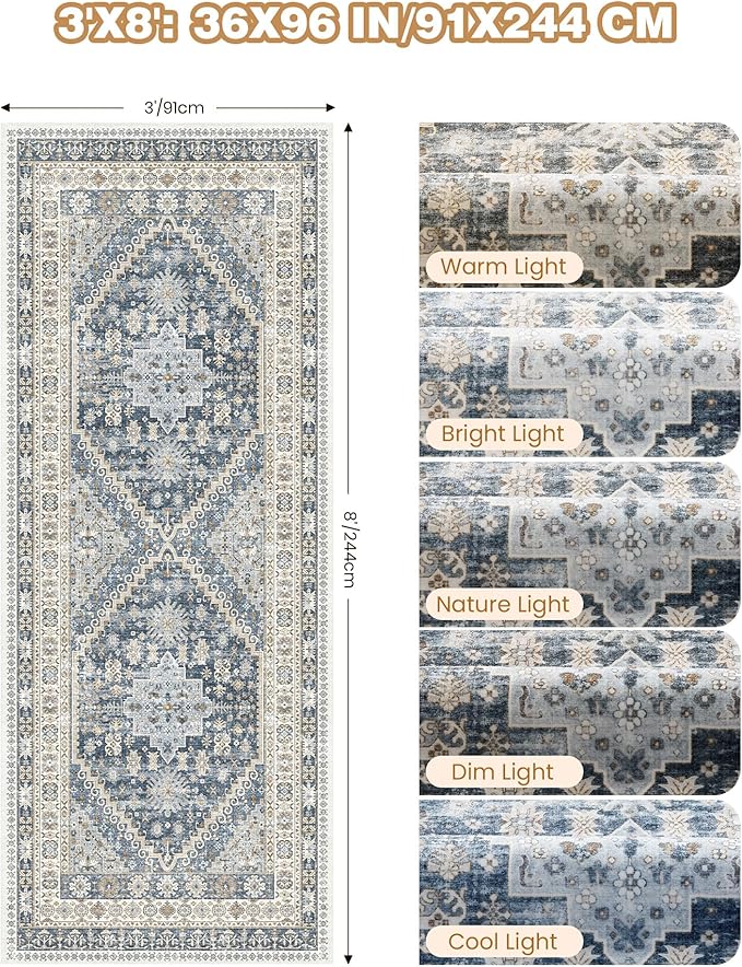 3x8 Runner Rug Non Slip Washable for Entryway, Front Porch, Vintage Hallway Runner for Laundry Room, Bedroom, Stain Resistant Thin Indoor Kitchen Mats for Floor(Blue/Beige,3'x8')