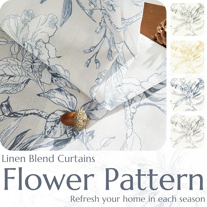 jinchan Floral Curtains 96 Inches Long Blue Flower Linen Farmhouse Curtain for Living Room French Country Vintage Curtain Rod Pocket Curtains Set 2 Panels Blue Floral Printed