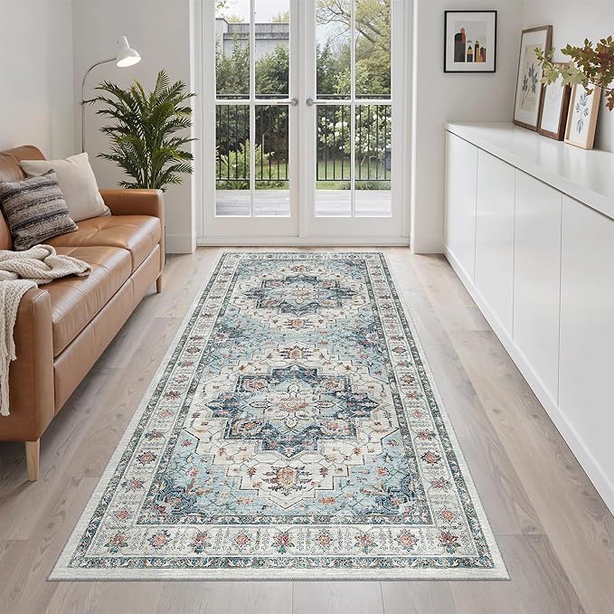 Madane Hallway Runner Rug 3x6 - Washable Kitchen Rugs Entryway Rug Runner Vintage Soft Floor Mat Non Slip Indoor Farmhouse Carpet for Bathroom Living Room Bedroom (3 X 6, Blue)