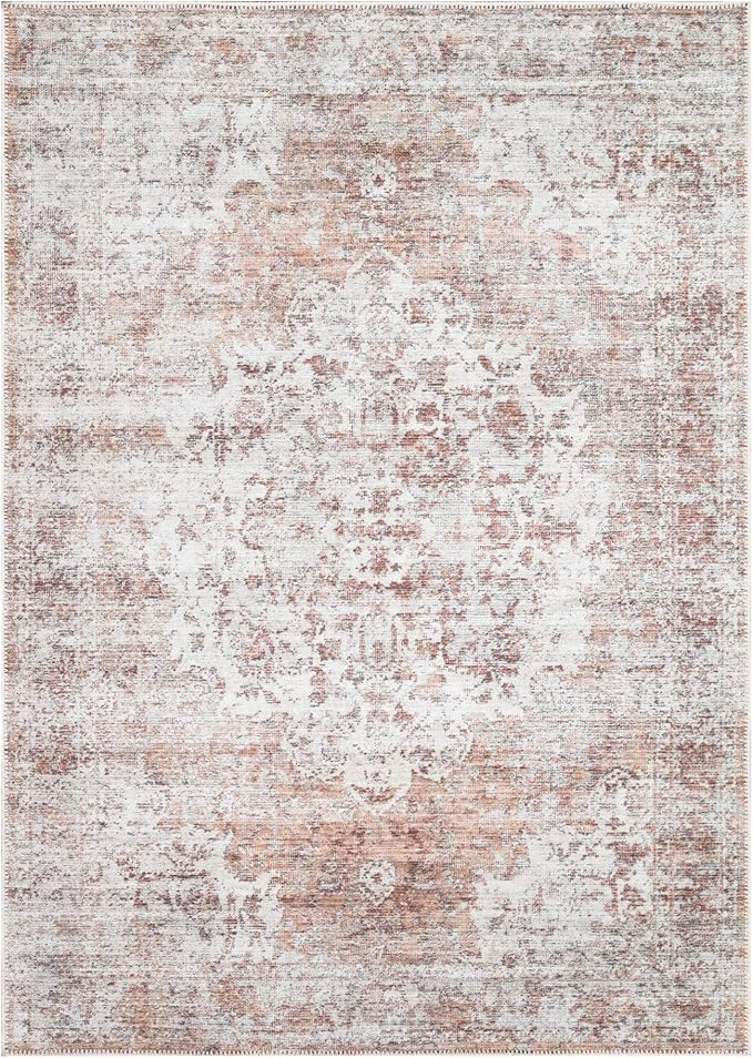 Area Rug 5x7 Machine Washable Polyester in Ivory and Blush