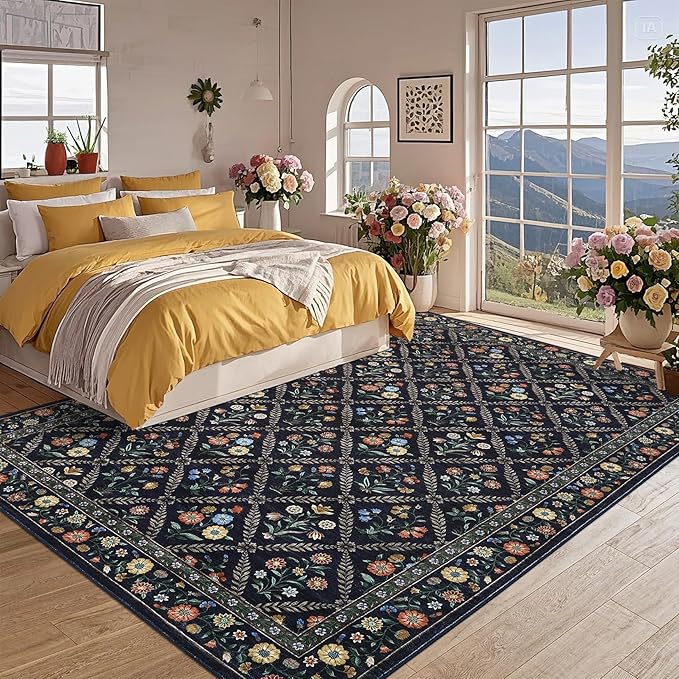 GarveeHome 8x10 Washable Large Living Room Rug Water Resistant Distressed Vintage Floral Rug Non Slip Low Pile Soft for Bedroom Farmhouse Dining Room Kids Playroom Nursery Navy&Black