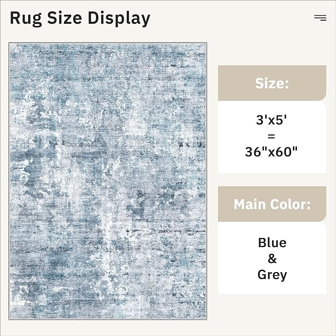 3x5 Rug, Small Area for Kitchen, Entryway, Machine Washable Non-Slip Throw Rug, Vintage Carpet for Nursery Coffee Table Blue