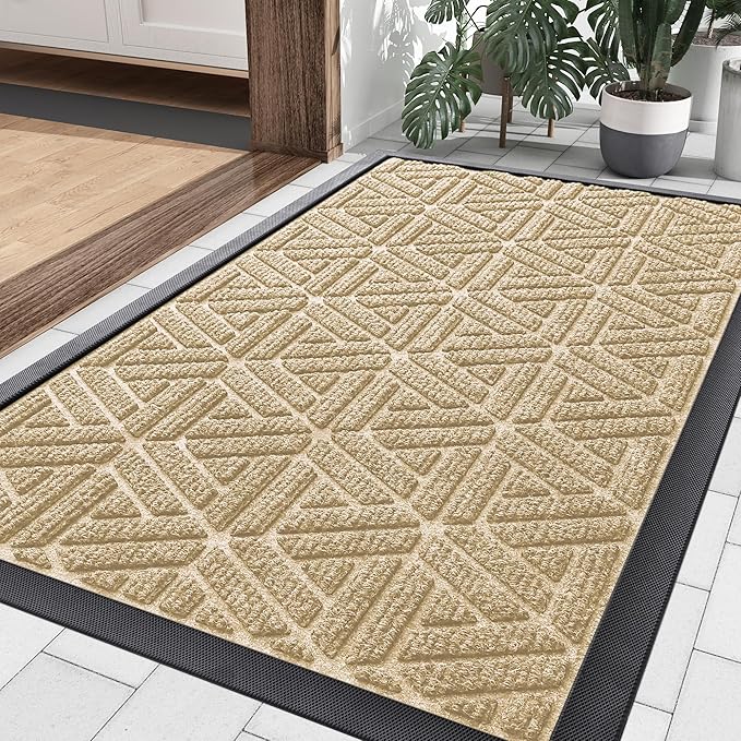 Smiry Front Door Mat Outside Entrance, Heavy Duty Sturdy Natural Rubber Doormat, Trap Dirt and Moisture, Easy Clean Low Profile Mats for Indoor Outdoor Entry, Grid Geometric (29.5x17, Beige)