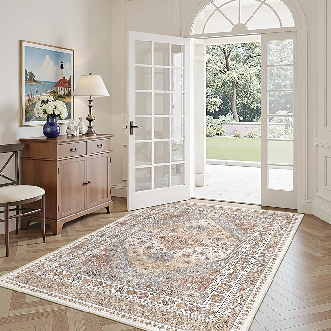 4x6 Area Rugs for Living Room, Non-Slip Backing Small Kids Rugs for Bedroom, Vintage Floral Rug Home Decor, Low Pile Soft Washable Rug for Kitchen, Dining Room (Orange,4'x6')