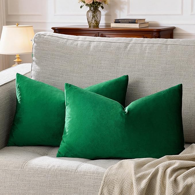 GIGIZAZA Decorative Small Lumbar Pillow Covers, Set of 2 Cushion Covers Velvet Forest Green Pillows,Sofa Throw 12 X 20 Pillow Covers