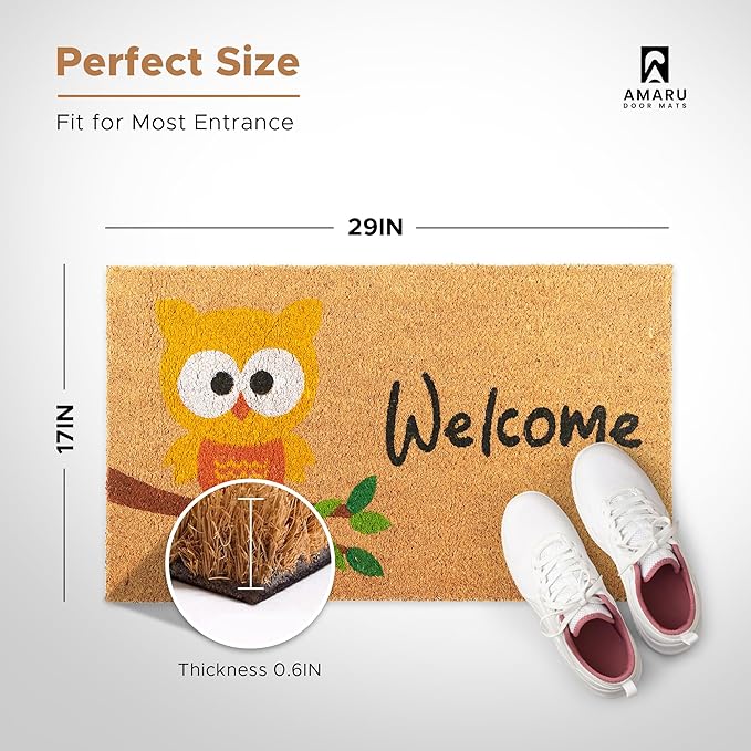 Owl - 17"x29" - Coir Door Mat with Heavy Duty Backing - Welcome Mats for Entryway, Porch - Anti-Slip PVC & Coconut Fiber Surface - Natural Home Accessories, Minimalist Original Design