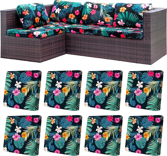 8Pcs Stretch Patio Cushion Covers,Outdoor Couch Covers Replacement,Outdoor Couch & Sofa Slipcovers,for Patio Furniture Cushion Covers,Washable Reusable urniture Protector (Flowered Leaves,Cover Only)