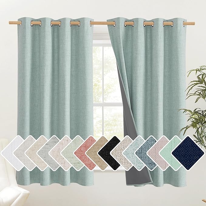 NICETOWN 100% Absolutely Blackout Linen Curtains with Thermal Insulated Grey Liner, Seafoam Green, 52 inches Wide, 48 inches Length Energy Saving Curtains for Laundry 2 Panels Set, Vertical Blinds