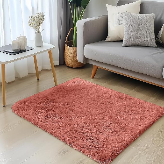 OLANLY 3x5 Machine Washable Small Bedside Rug, Soft Fluffy Shaggy Rugs for Living Room, Bedroom, Indoor Floor Carpet for Kids Girls and Boys, Preppy Dorms, Nursery, Home Decor Aesthetic, Rust Red