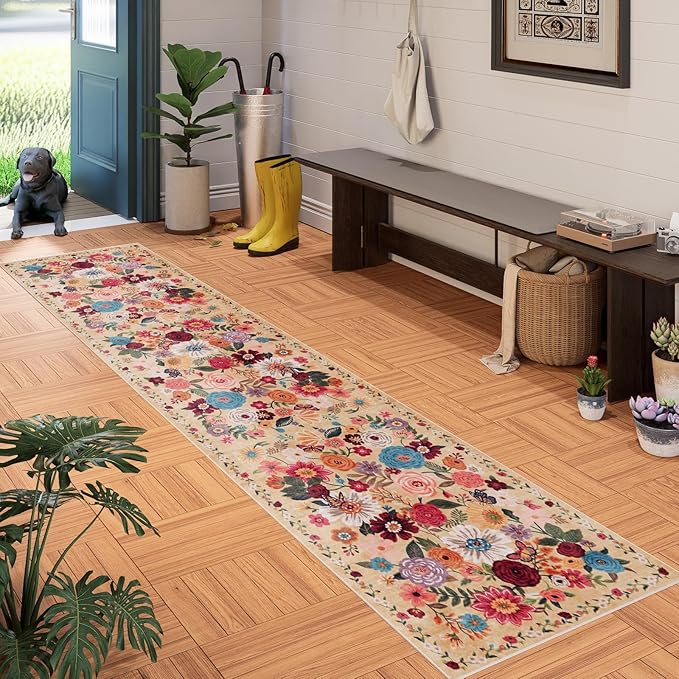 Floral Hallway Runner Carpet Non-Slip, 2x10 Washable Rug Ultra-Thin Soft for Hallways, Kitchen Mat Stain Resistant for Entryway Bathroom (2 x 10, Yellow Garden)