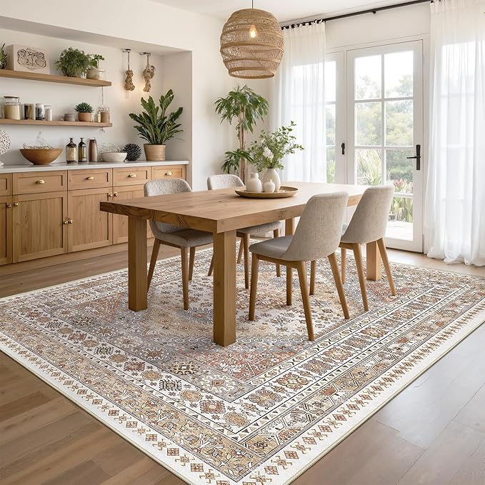 Area Rugs 5x7, Ultra-Thin Washable Rugs for Living Room, Anti-Slip Backing Area Rug for Bedroom, Soft Floral Vintage Home Decor Rug for Dining Room(Orange,5'x7')