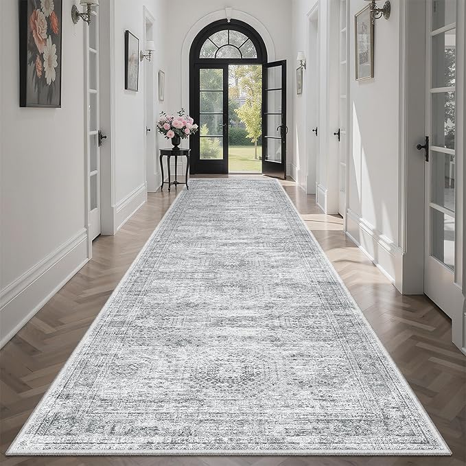 Runner Rug 3x12 Washable Non-Slip Hallway Runner Rugs for Kitchen Bathroom Laundry Room Grey Vintage Floor Carpet Runners for Hallways Entryway