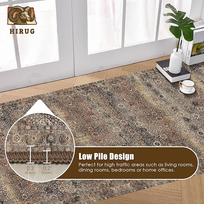 Washable Area Rug 2'6'' x 8' Vintage Traditional Persian Mat - Foldable Distressed Non-Slip Machine Washable Carpet for Living Room Bedroom Kitchen Home Decor - Umber and Slate
