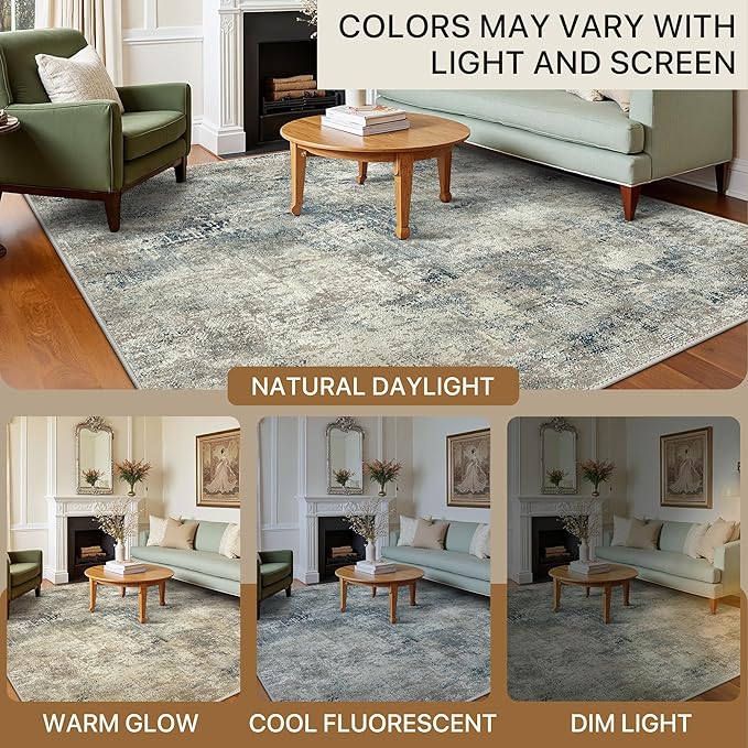 BEIMO Area Rugs 10x12 for Living Room Bedroom, Modern Abstract Machine Washable Rug, Large Soft Low Pile Floor Carpet with Non Slip Backing for Dining Room, Light Gray Blue