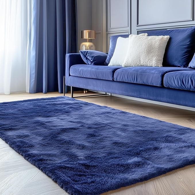 OLANLY 4x5 Machine Washable Accent Rug, Soft Fluffy Shaggy Area Rug for Bedroom, Living Room, Indoor Floor Carpet for Kids, Nursery, Home Decor, Navy Blue
