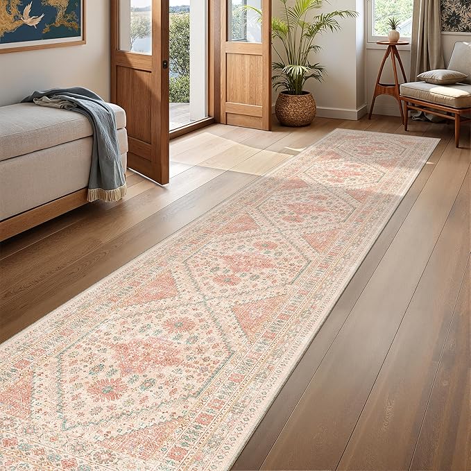 Hallway Runner Rug 2x12, Extra Long Washable Runner Rugs with Rubber Backing, Non Slip Runner, Vintage Rug Runners for Kitchen Laundry Room Entryway (Pink,2'x12')