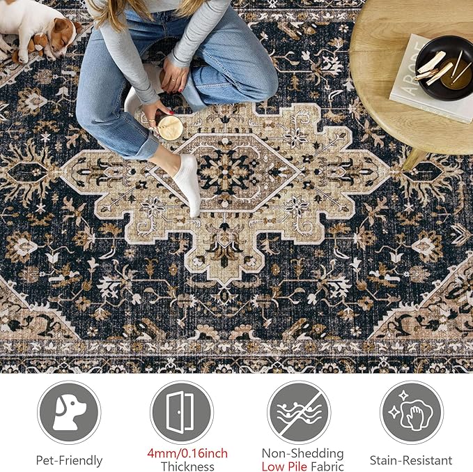 Area Rugs 6x9 Vintage Rug: Washable Living Room Rug Retro Medallion Distressed Large Soft Low Pile Non-Slip Indoor Floor Carpet for Bedroom Kitchen Nursery Dining Table Office (BeigeBlack, 6'x9')