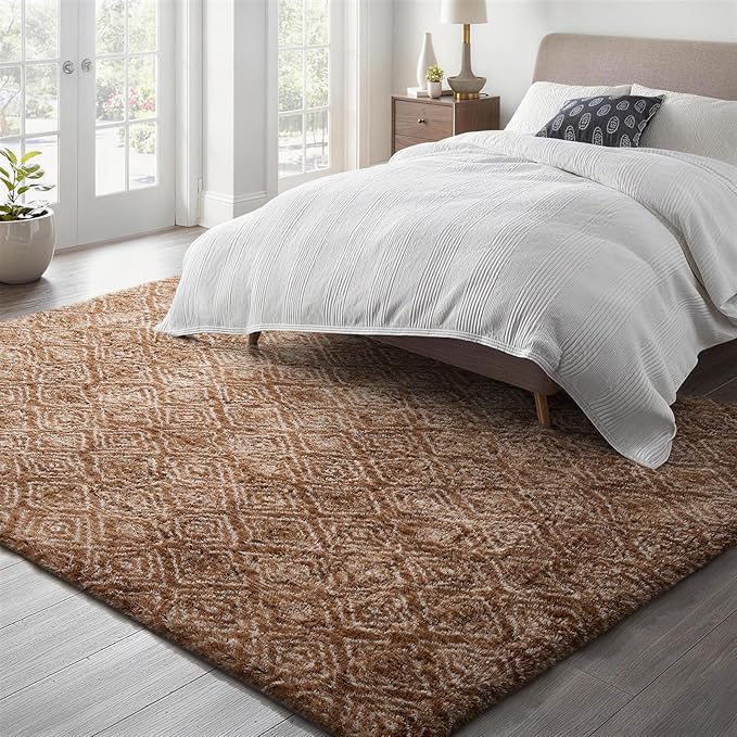 Ophanie Brown and White Diamond Striped Rugs for Living Room 5x7, Fluffy Shag Large Fuzzy Plush Soft Carpets, Shaggy Rugs for Bedroom, Carpet for Kids Boys Girls Dorm Nursery Home Decor Aesthetic