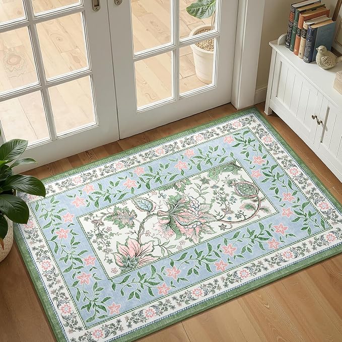 GarveeHome Blue Green Pink 2x3 Door Mat Indoor Rugs for Entryway Provence Small Botanical Grove Cottage core Washable Non-Slip Low-Pile Rug for Bedroom Bathroom Entrance TPE Backing