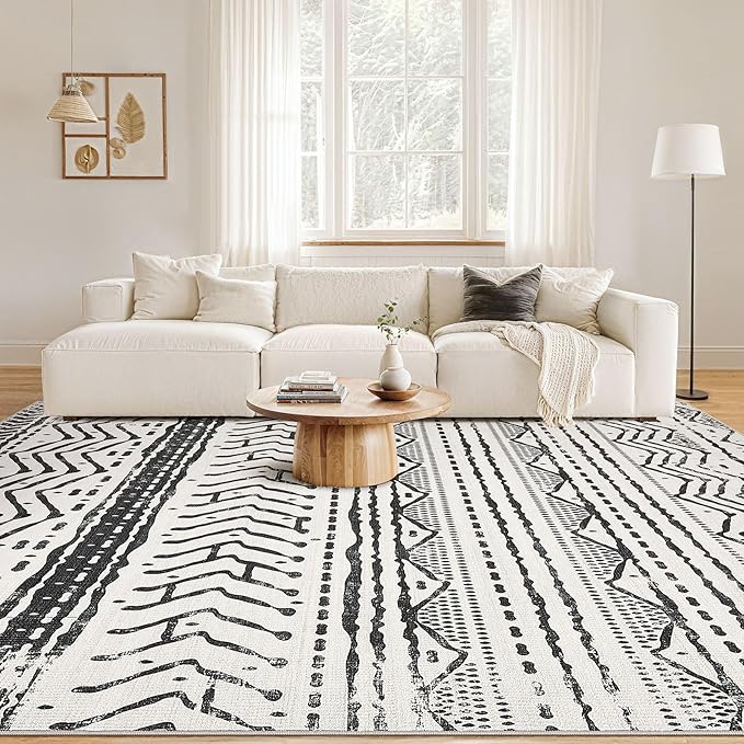 Nakagishi Black Rug for Living Room: 8x10 Washable Boho Large Neutral Soft Farmhouse Area Rugs Stain Resistant Modern Geometric Non-Slip Indoor Floor Carpet for Bedroom Playroom Office Dining Room