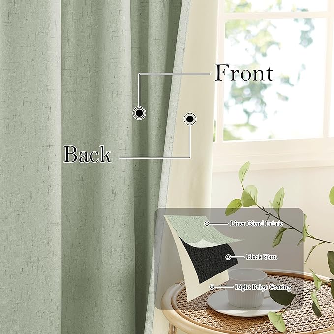 RYB HOME 100% Blackout Sage Green Linen Curtains, Extra Long Light & Heat Blocking Thermal Privacy Protection Neutral Window Drapes for Living Room Bedroom, 52" W x 108" L, 2 Panels Set