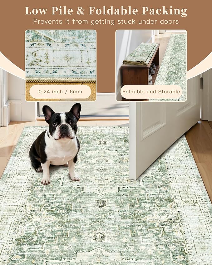 Madane Runner Rug 2x8, Washable Hallway Runner Rugs, Non-Slip Low-Pile Soft Kitchen Rug Runner Laundry Room Rug, Vintage Throw Entry Foyer Mat for Entrance Living Room (Green/Ivory, 2 x 8)