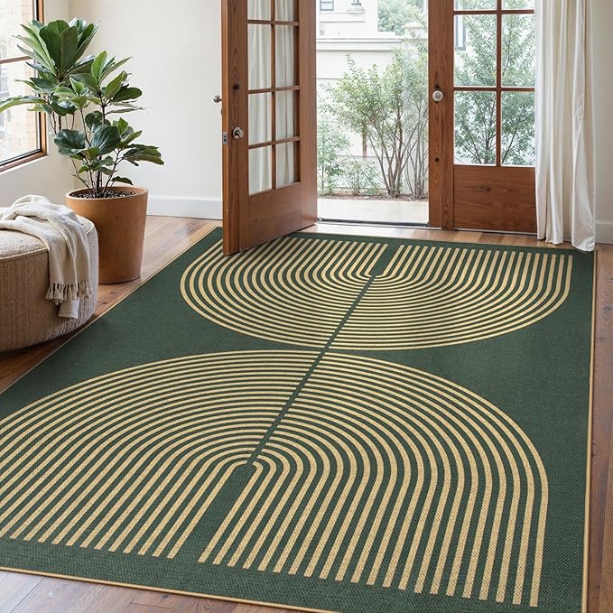 Lahome Enfys Modern Rainbow Easy Jute Indoor Outdoor Rugs, 5x7 Dark Green Rug for Living Room Office, Farmhouse Non Slip Non Shedding Floor Carpet for Dining Room Deck Sunroom