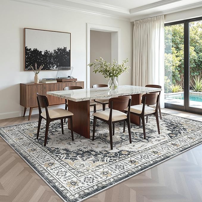 zesthome Washable Rug 6x9 Area Rugs,Stain Resistant Rugs for Living Room,Bedroom,Non-Slip Backing Home Decor Rug, Vintage Medallion Pattern Rugs (Black,6'x9')