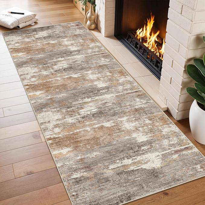 2x6 Washable Kitchen Runner Rug: Modern Abstract Runners for Hallway Soft Non Slip Rugs with Rubber Backing Low Pile Thin Floor Carpet for Entryway Bedroom Bathroom Bedside Indoor(Brown/Brick,2x6)