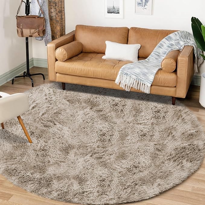 Camel Round Rugs for Bedroom: 4ft Circle Fluffy Shag Soft Washable Rug Small Fuzzy Plush Indoor Carpet for Kids Girls Boys Nursery Dorm Classroom (Camel, 4'x4')