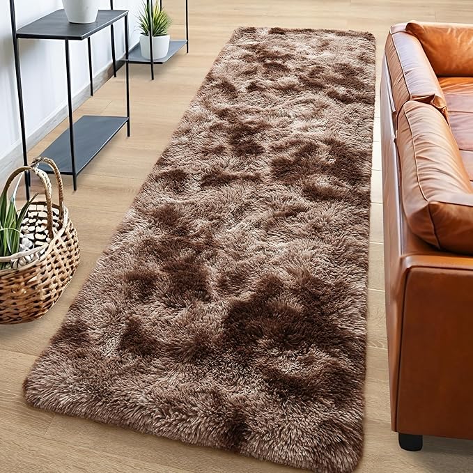 Tepook Fluffy Runner Rugs for Bedroom Aesthetic 2x6 Feet, Shag Soft Bedside Rug with Non-Slip Bottom, Fuzzy Plush Carpet for Room, Hallway Rug for Nursery Dorm Indoor Home Decor, Tie-Dyed Coffee