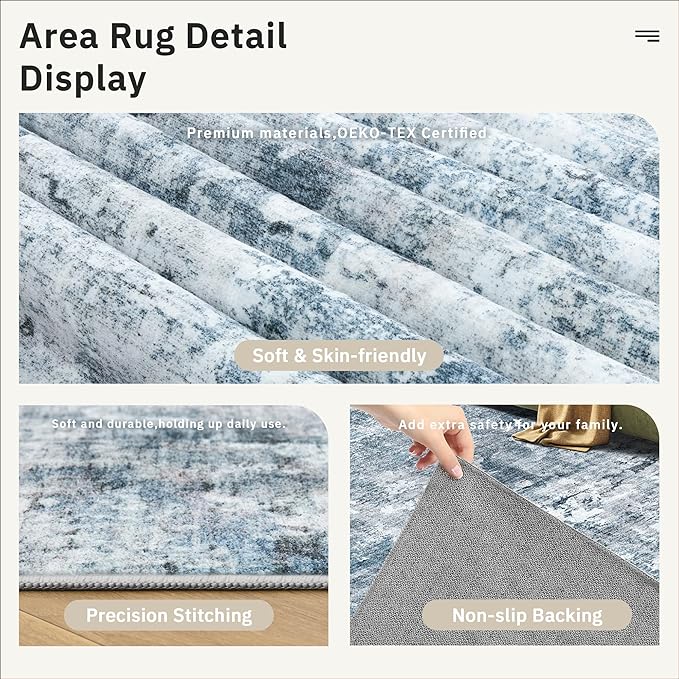 Abstract Rug 8x10 Large Living Room Rugs Neutral Modern Washable Area Rugs for Bedroom Dining Room Non-Slip Stain Resistant Foldable Thin Blue