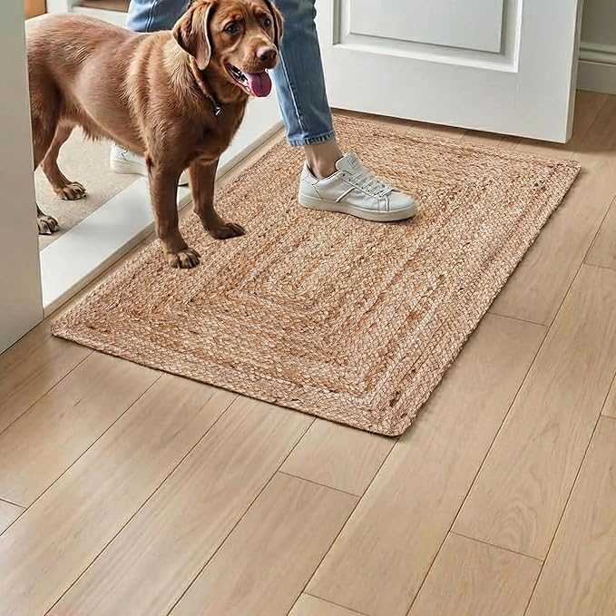 Hausattire Hand Woven Jute Braided Rug, 2'x3' – Natural, Reversible Boho Entry Area Rugs for Kitchen, Living Room I Farmhouse Indoor Outdoor Decorative Floor Rug, 24x36 Inches